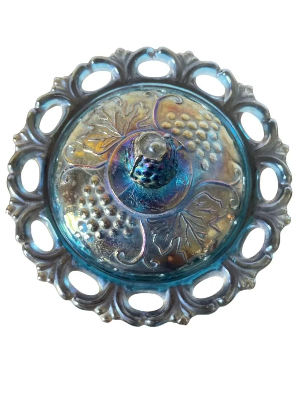 Vintage Indiana Glass Blue Carnival Glass Pedestal Candy Dish with Lid – Harvest - Picture 3 of 4